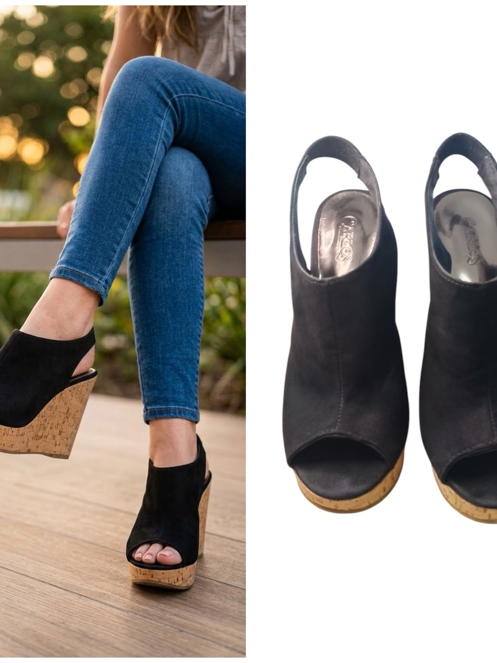 Carlos Santana Black Suede Cork Wedge Peep-Toe Slingback Sandals